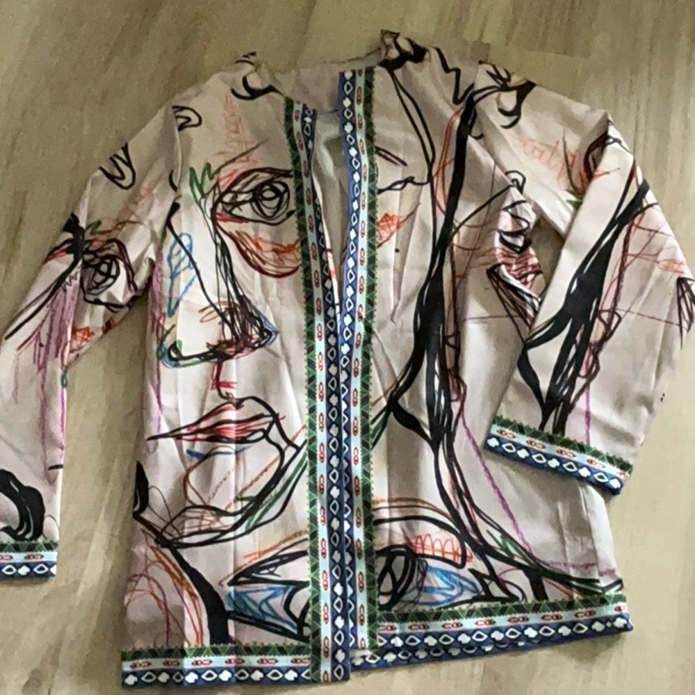 Cream and Black Abstract Blazer with Structured Silhouette